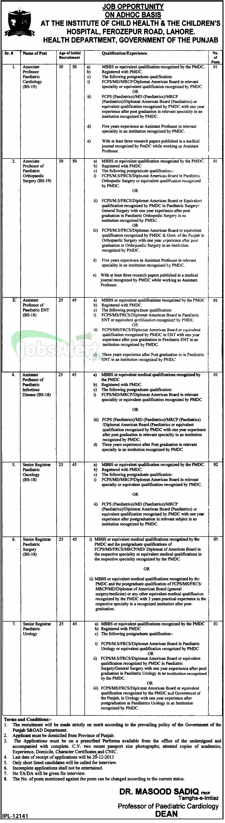 Children Hospital Lahore Jobs for Associate Professor & Senior Registrar