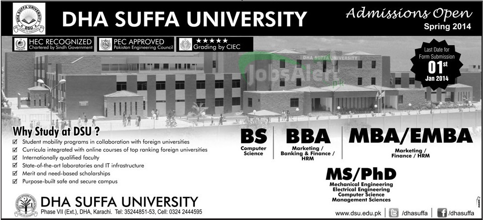 DHA Suffa University Karachi BBA  MBA admissions open 2014