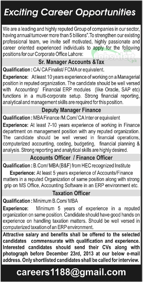 Deputy Manager, Accounts & Taxation Officer Jobs in Lahore