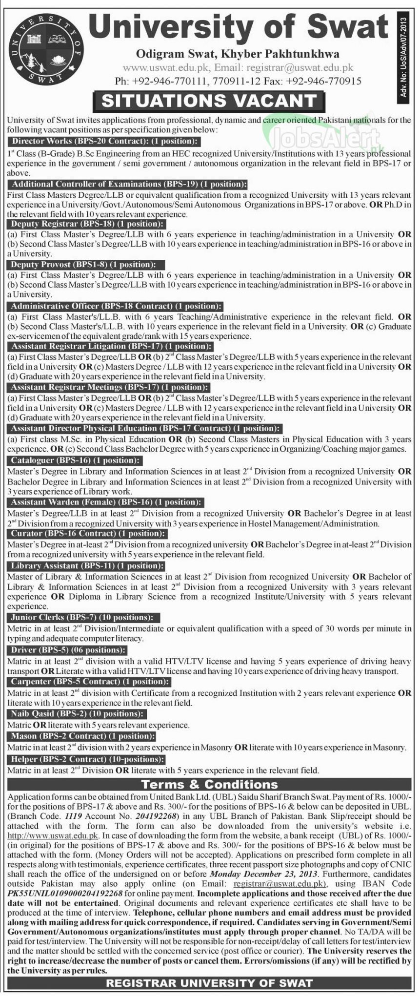 Director & Deputy Registrar Jobs in University of Swat KPK