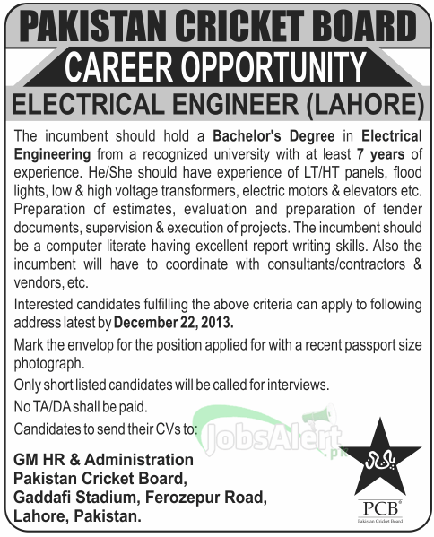 Electrical Engineer Jobs in Pakistan Cricket Board Lahore