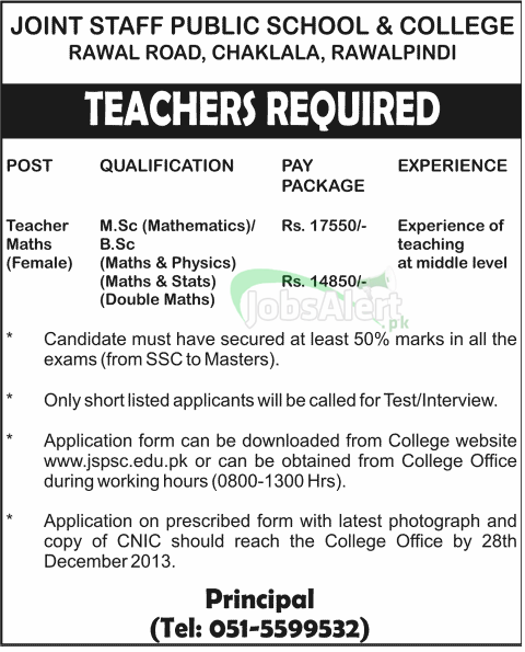 Female Teacher Jobs in Joint Staff Public School & College Rawalpindi