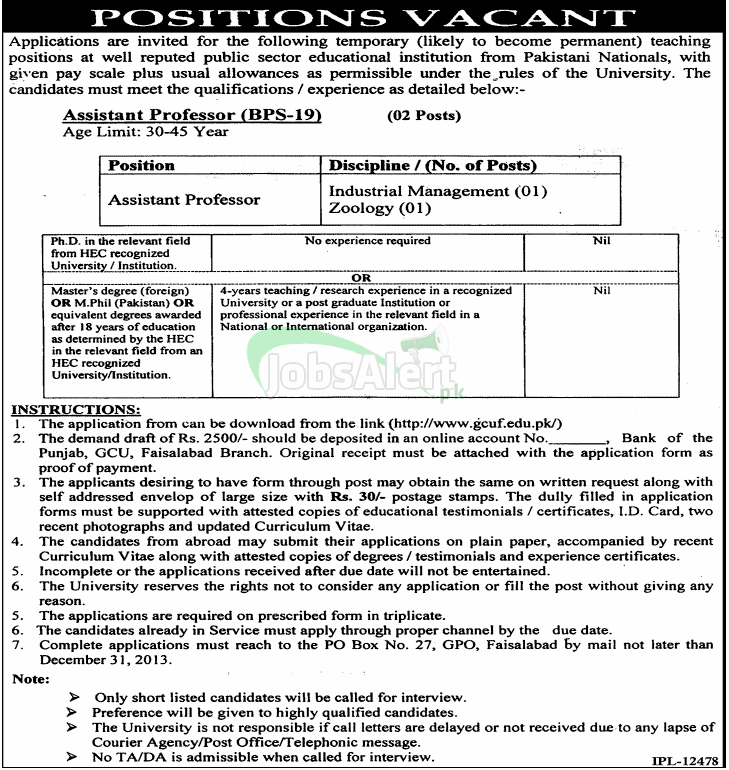 GC University Faisalabad Jobs for Assistant Professor