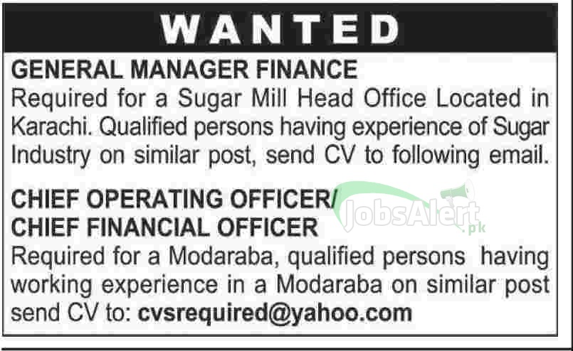 General Manager Finance Jobs in Sugar Mill Head Office Karachi