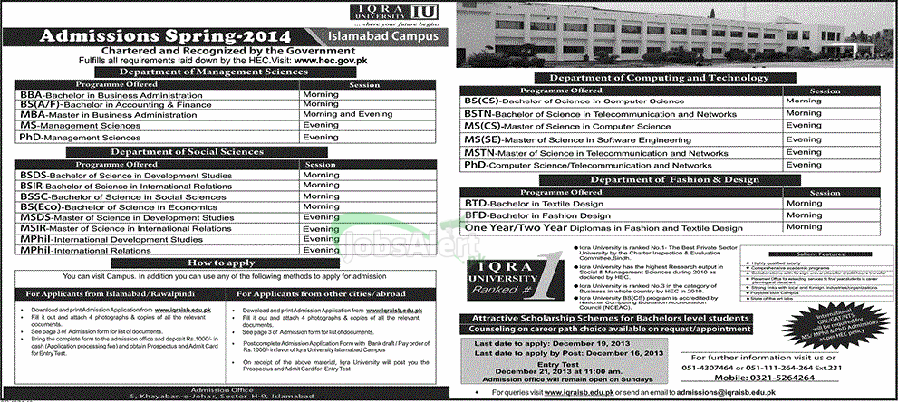 Iqra University Islamabad BBA  Ph.D  M.Phil Admissions Spring 2014