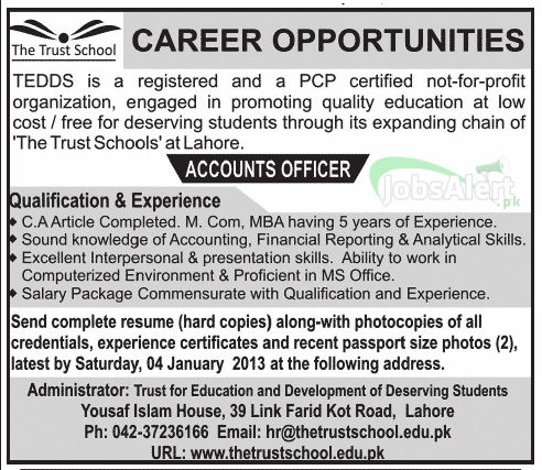 Jobs for Accounts Officer in The Trust School Lahore