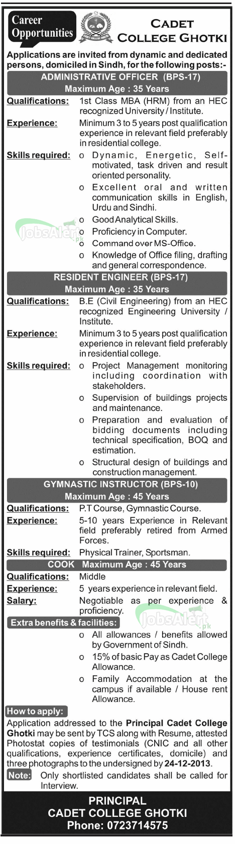 Jobs for Administrative Officer & Resident Engineer in Cadet College Ghoki
