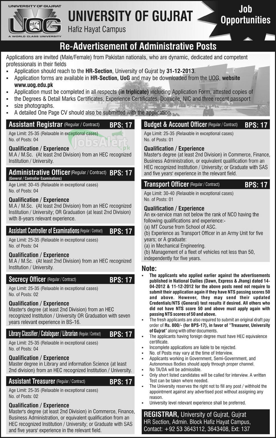 Jobs for Assistant Registrar & Admin Officer in University of Gujrat (UOG)