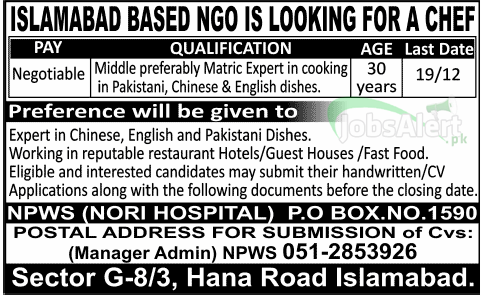 Jobs for Chef in NPWS (Nori Hospital) NGO Base Islamabad