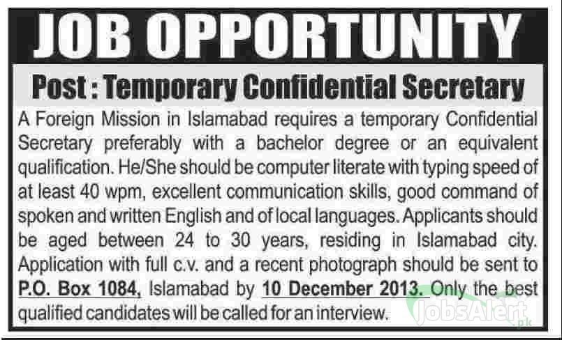 Jobs for Confidential Secretary in Islamabad