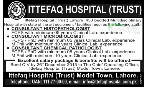 Jobs for Consultant Histopathologist in Ittefaq Hospital Lahore