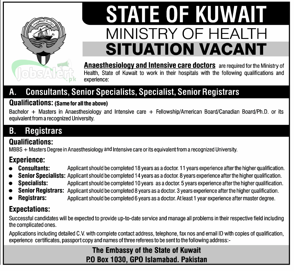 Jobs for Consultant & Registrar in State of Kuwait Ministry of Health
