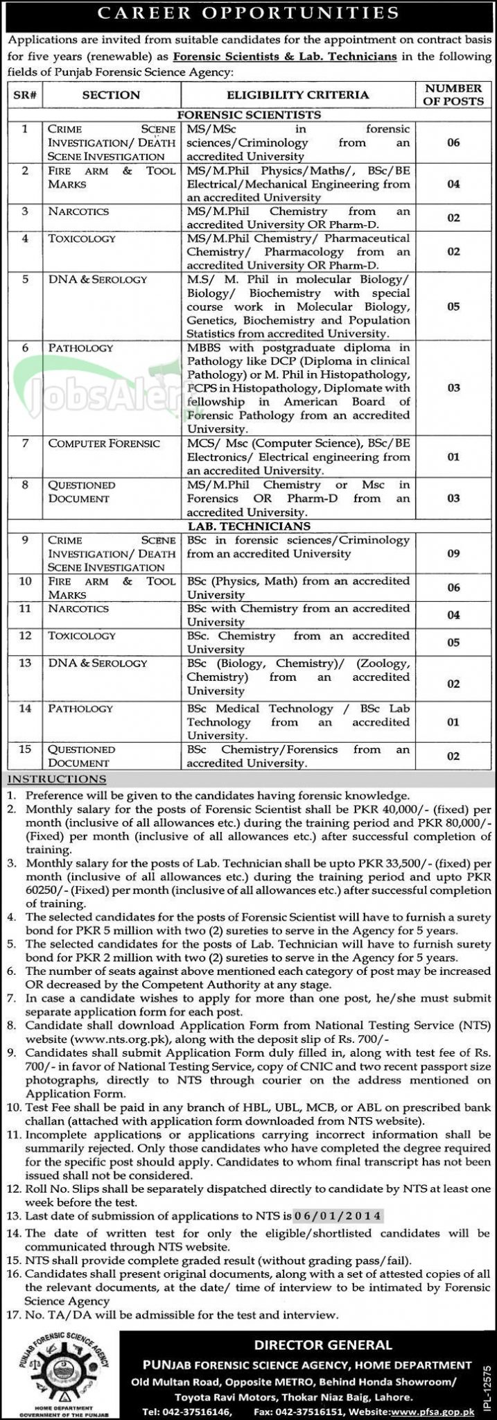 Jobs for Crime Investigation in Punjab Forensic Science Agency Lahore