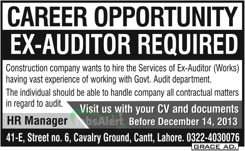 Jobs for EX-Auditor in Construction Company Lahore