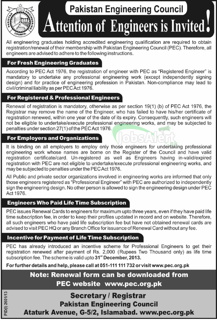 Jobs for Engineers in Pakistan Engineering Council (PEC) Islamabad