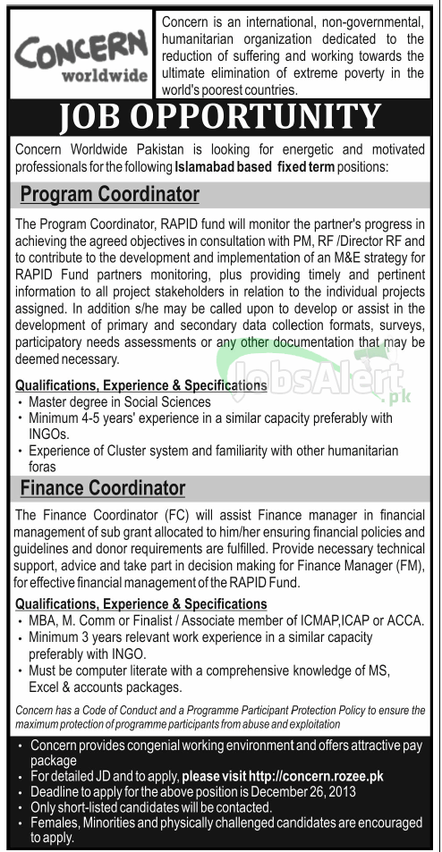 Jobs for Finance Coordinator in Concern Worldwide Islamabad