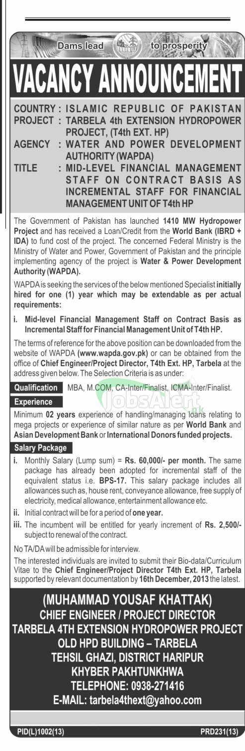Jobs for Financial Management in Tarbela Hydropower Project Haripur