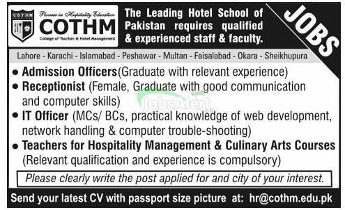 Jobs for IT Officer & Receptionist in COTHM Lahore