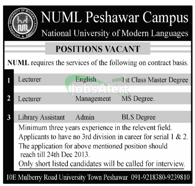 Jobs for Lecturer & Library Assistant in NUML Peshawar Campus