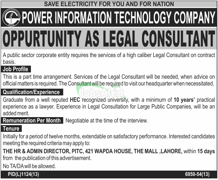 Jobs for Legal Consultant in Power Technology Company Lahore
