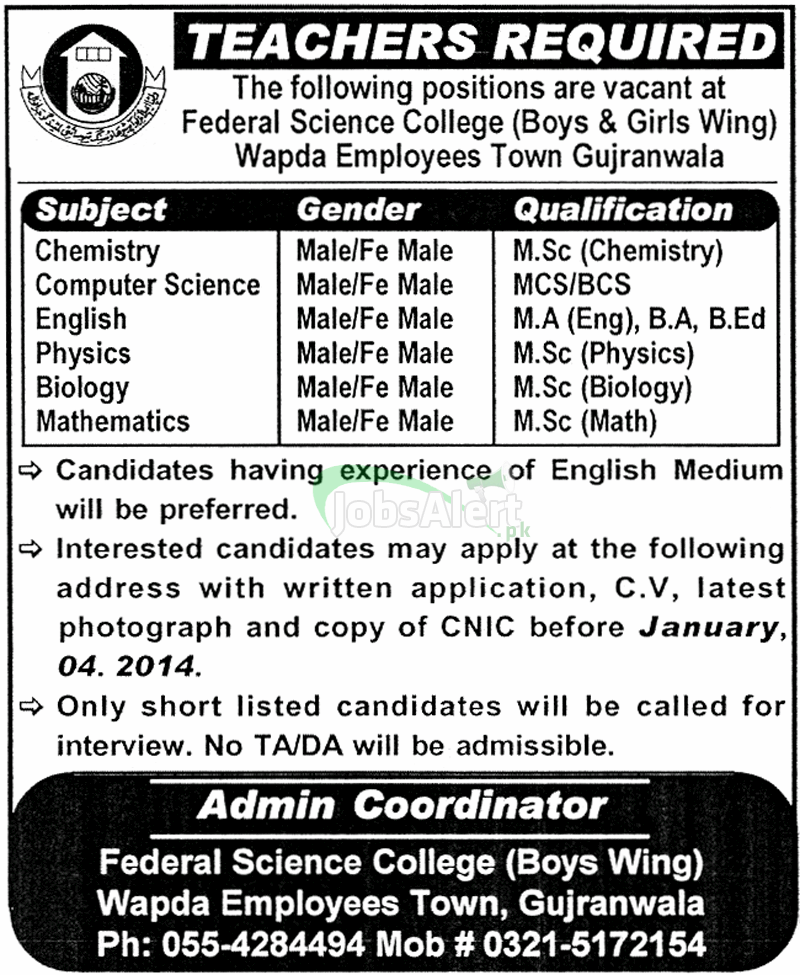 Jobs for Male & Female Teacher in Federal Science College Gujranwala