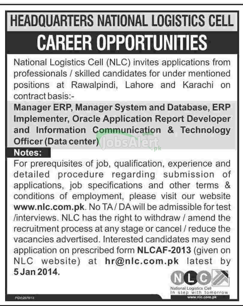 Jobs for Manager ERP & Data Center in National Logistics Cell Lahore