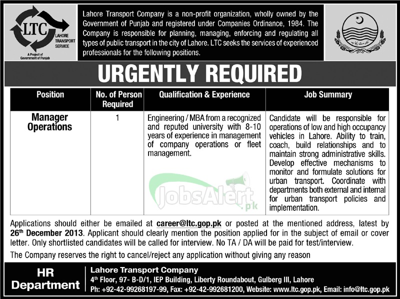 Jobs for Manager Operation in Lahore Transport Company Lahore