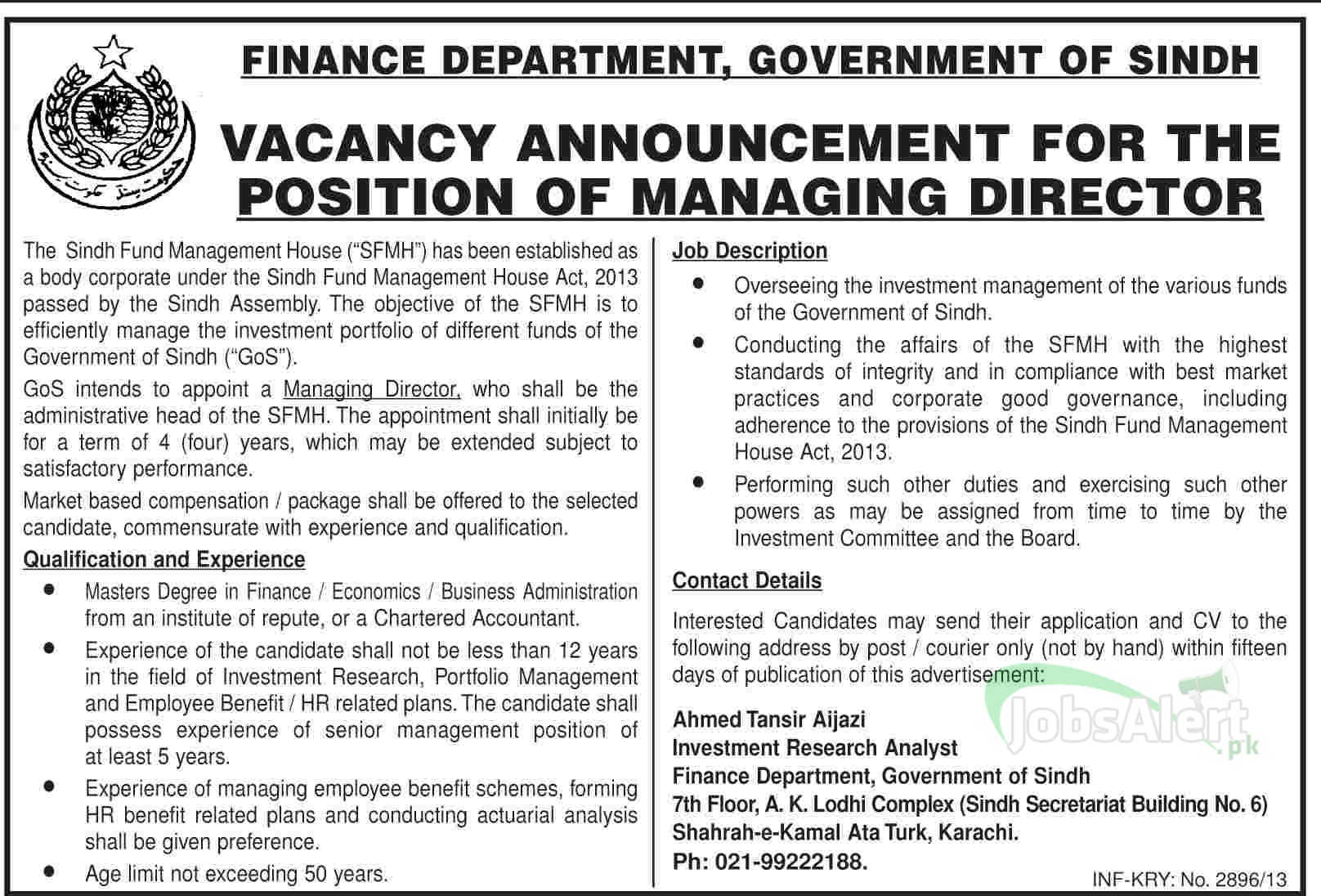 Jobs for Managing Director in Finance Department Government of Sindh