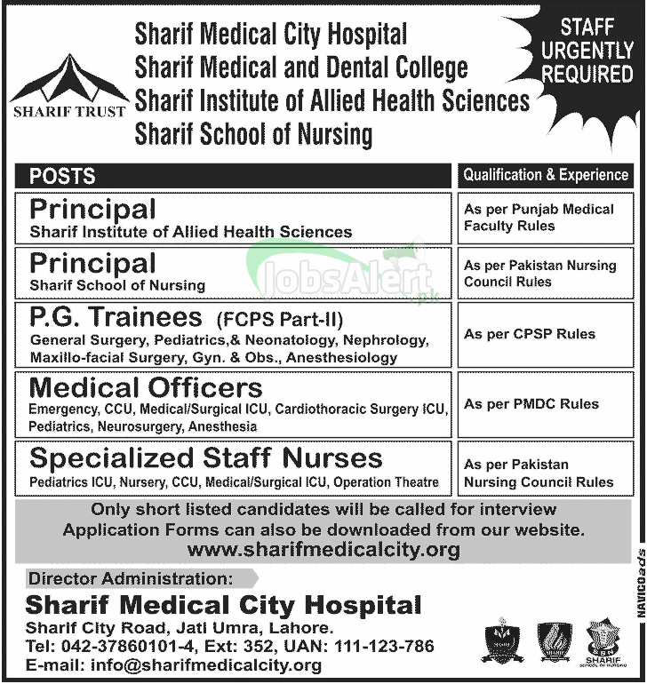 Jobs for Principal & Medical Officer in Sharif Medical City Hospital Lahore