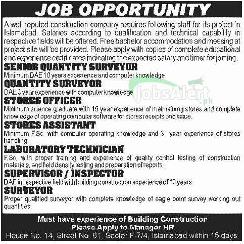 Jobs for Quantity Surveyor in Construction Company Islamabad