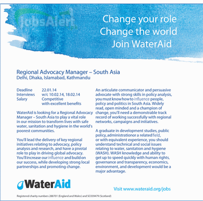Jobs for Regional Advocacy Manager in Wateraid Islamabad