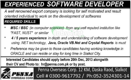 Jobs for Software Developer in Penna Overseas Corporation Sialkot