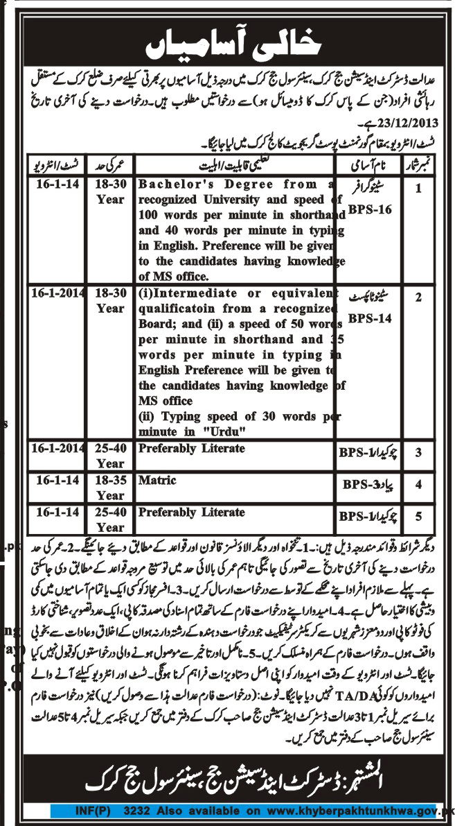 Jobs for Stenographer & Stenotypist in District and Session Court Karak