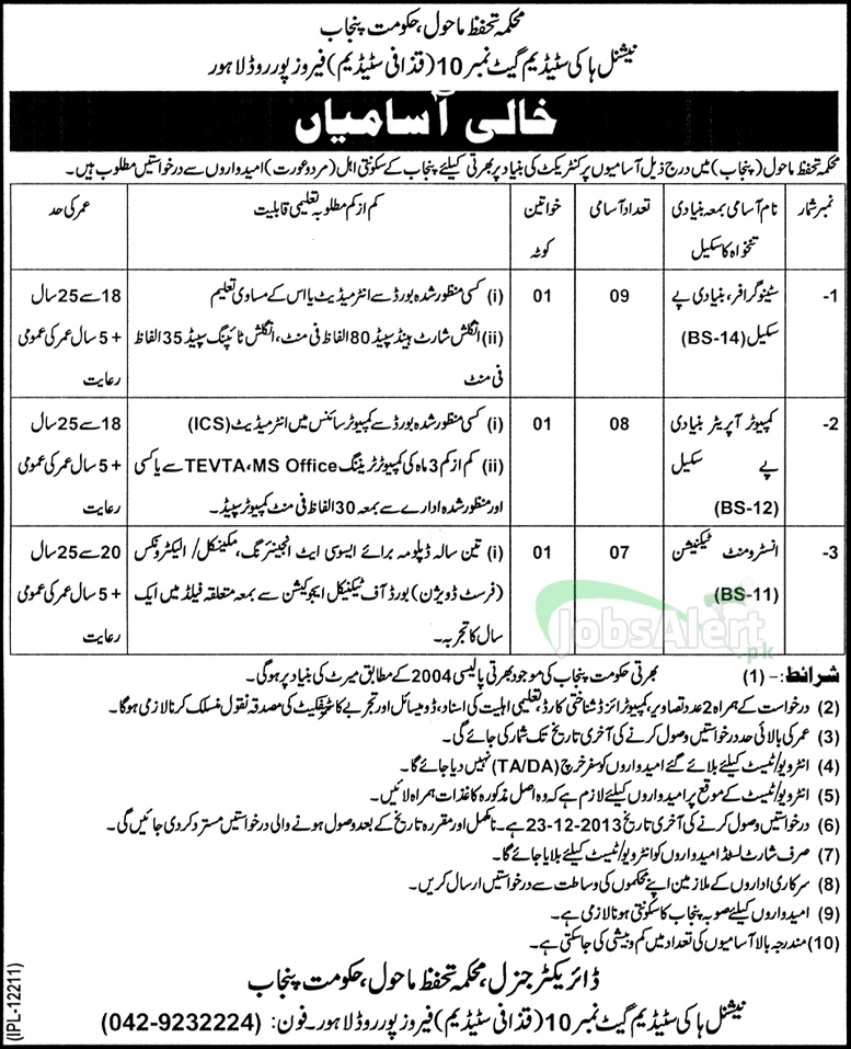 Jobs for Stenographer in National Hockey Stadium Govt of Punjab Lahore