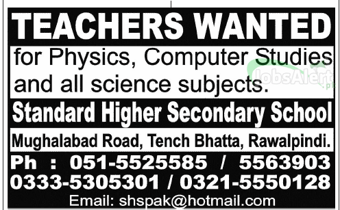 Jobs for Teacher in Standard Higher Secondary School Rawalpindi