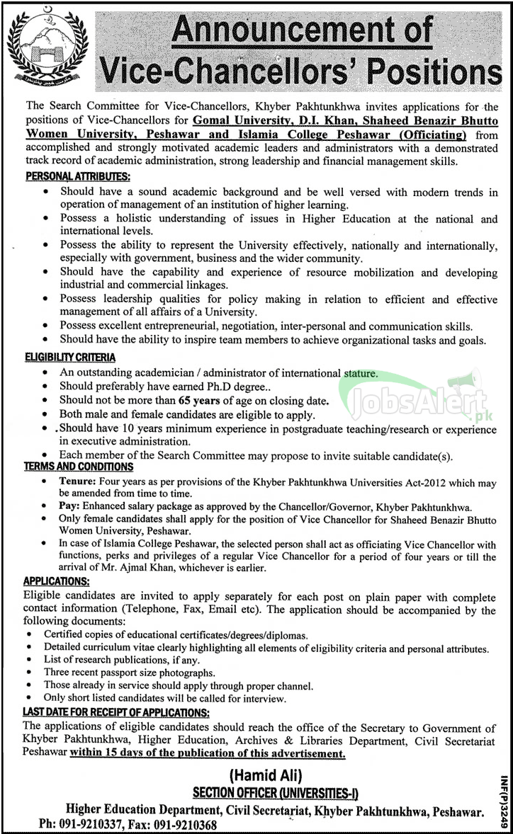 Jobs for Vice Chancellor in Islamia College Peshawar