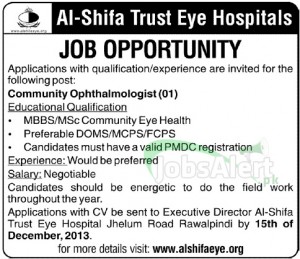 Jobs in Al-Shifa Trust Eye Hospitals 2013