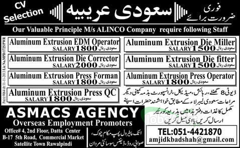 Jobs in Saudi Arabia for Aluminum Extrusion EDM Operator