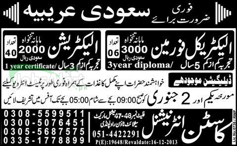 Jobs in Saudi Arabia for Electrical Foreman and Electrician