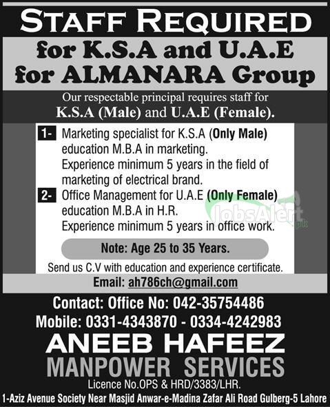 Jobs in UAE & KSA for Marketing Specialist & Office Management