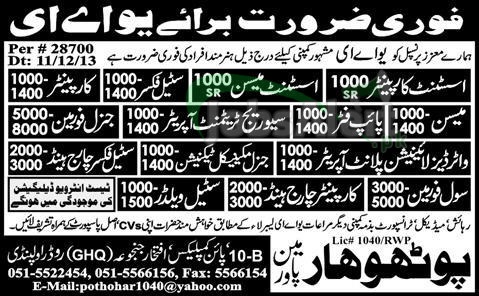 Jobs in UAE for Assistant Carpenter, Steel Fixer & Technician