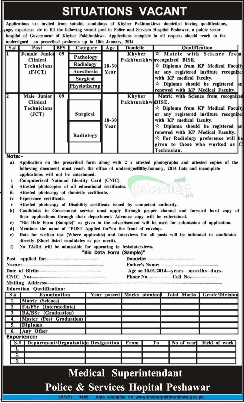 Junior Clinical Technician Jobs in Police and Service Hospital Peshawar