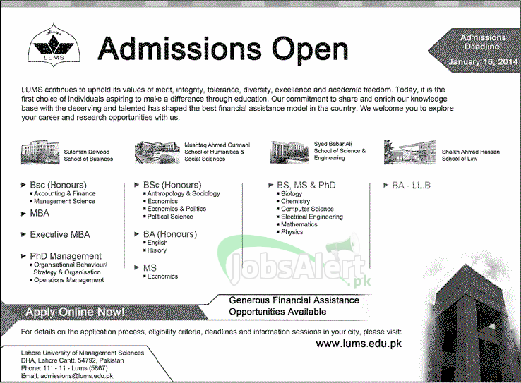 Lahore University of Management Sciences (LUMS) Admissions 2014