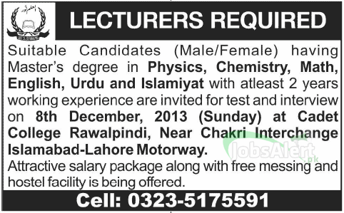 Male & Female Teacher Jobs in Cadet College Rawalpindi