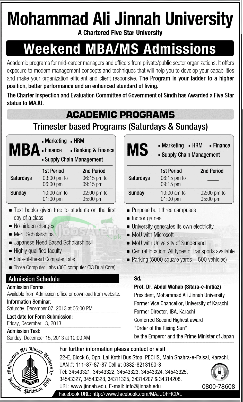 Muhammad Ali Jinnah University MBA & MS Admissions Open 2013