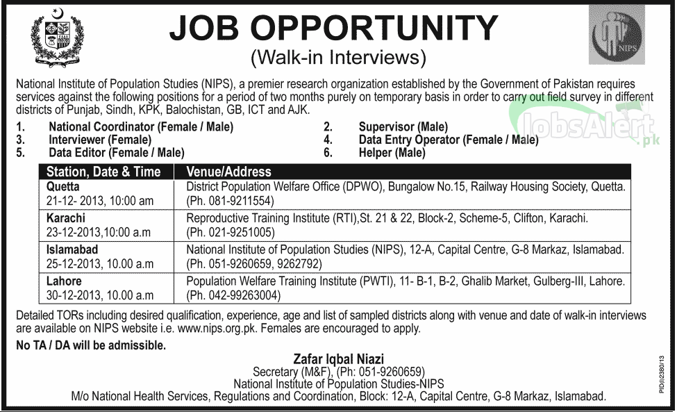 National Coordinator and Supervisor Jobs in NIPS Islamabad