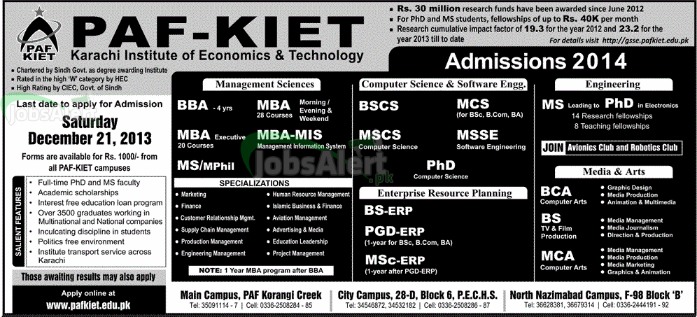 PAK-KIET Karachi BBA  MBA Admissions 2014