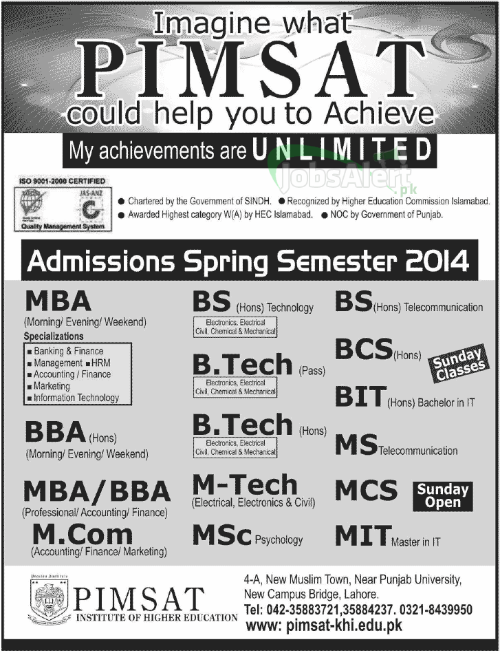 PIMSAT University Lahore MBA BBA MCom Admissions Spring 2014