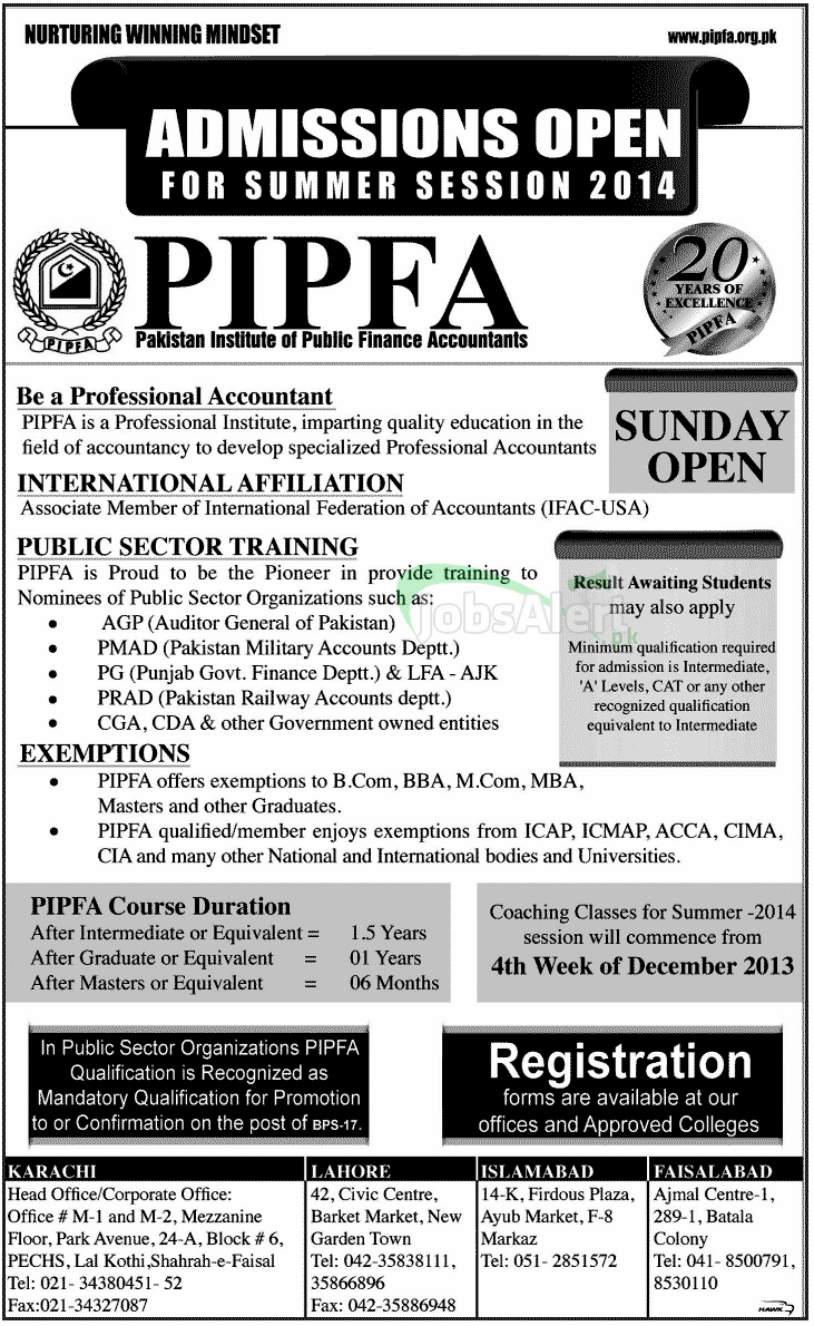 PIPFA Pakistan Institute of Public Finance Accountants Admissions 2014