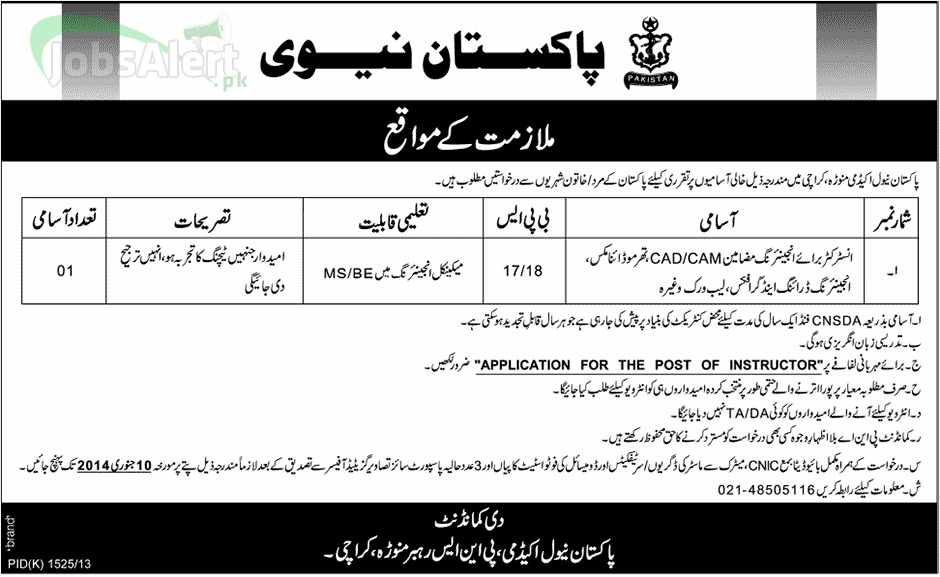 Pakistan Naval Academy Karachi Jobs for Instructor